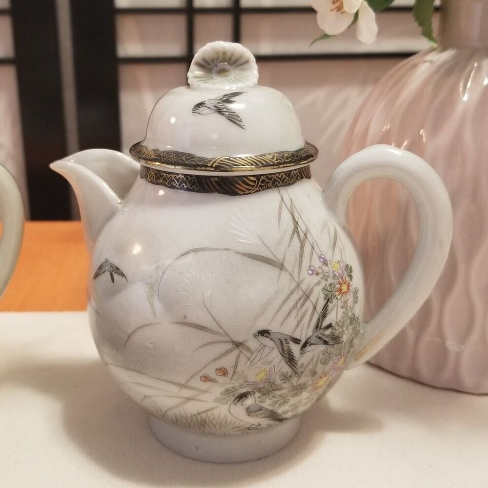 Vintage Japanese Kutani Eggshell Porcelain Milk Jug & Sugar Bowl - EUC